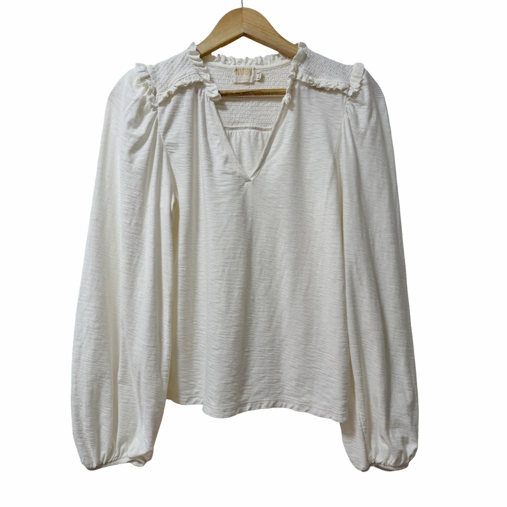 Nation LTD Cotton Slub Peasant Smocked Top‎ Size M White Feminine Prairiecore
